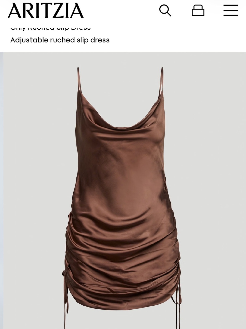 Aritzia Copper Satin Cowl Neck Ruched Slip Dress
